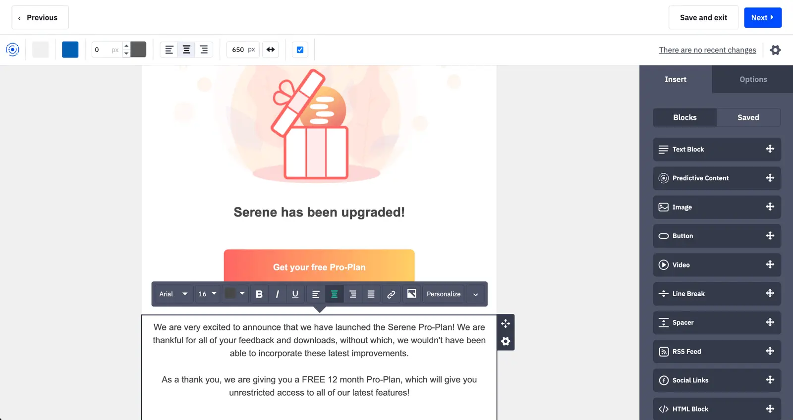 ActiveCampaign's email editor with a Serene announcement on the canvas and content blocks in the sidebar