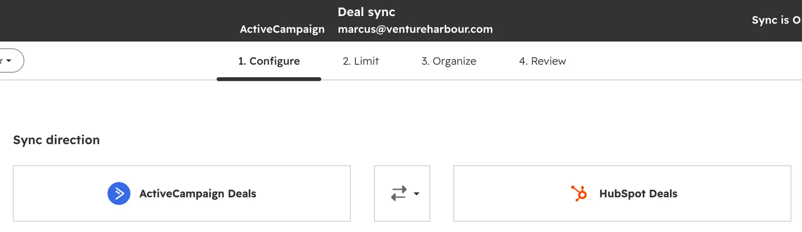 HubSpot's deal sync configuration showing ActiveCampaign Deals and HubSpot Deals connected in both directions