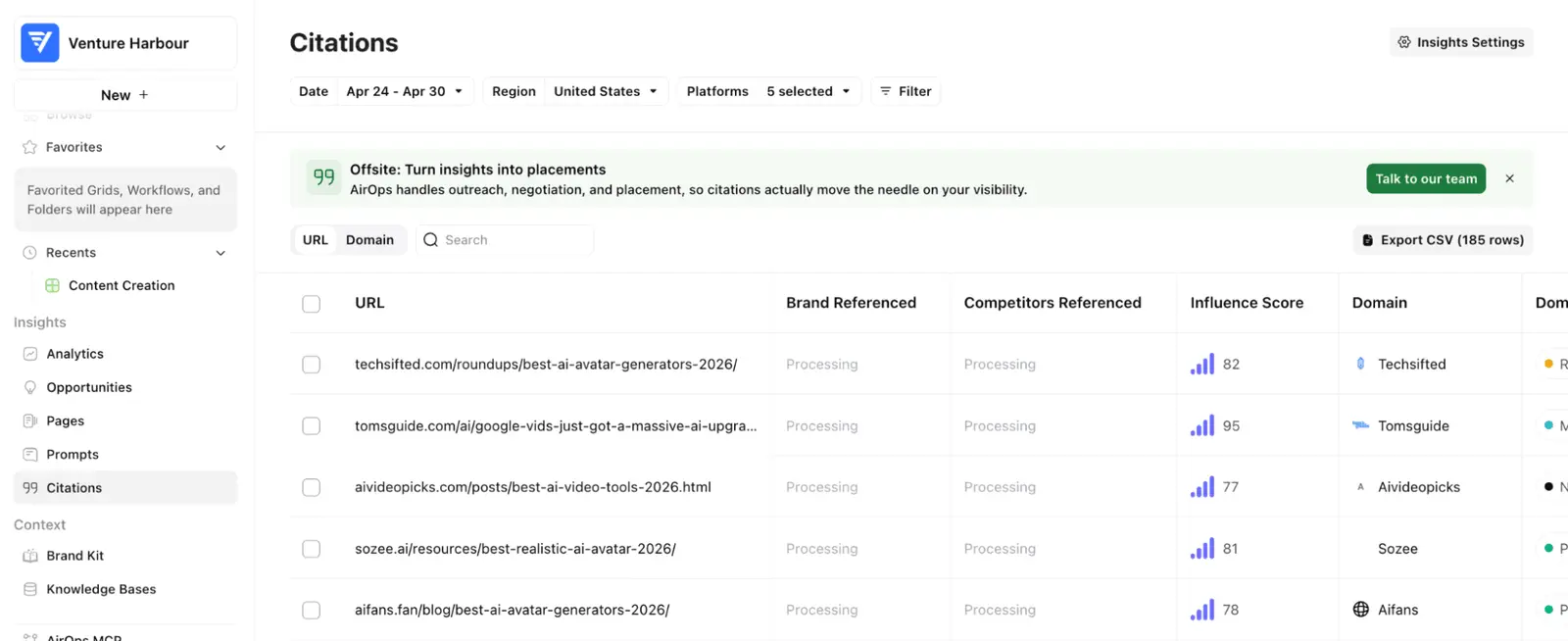 AirOps' citations view, scoring 185 cited URLs by influence, with a banner offering to handle the outreach for you.