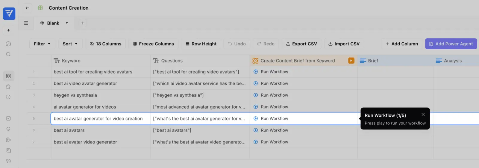 AirOps' content grid, one row per keyword, each with a workflow ready to run.