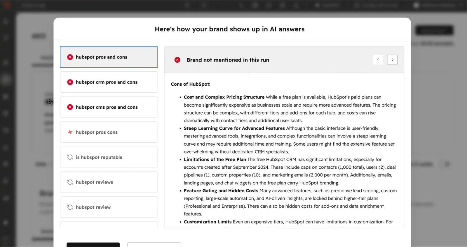 HubSpot's AEO tool answering "hubspot pros and cons" with a list of HubSpot's own drawbacks, and flagging that the brand went unmentioned in that run.