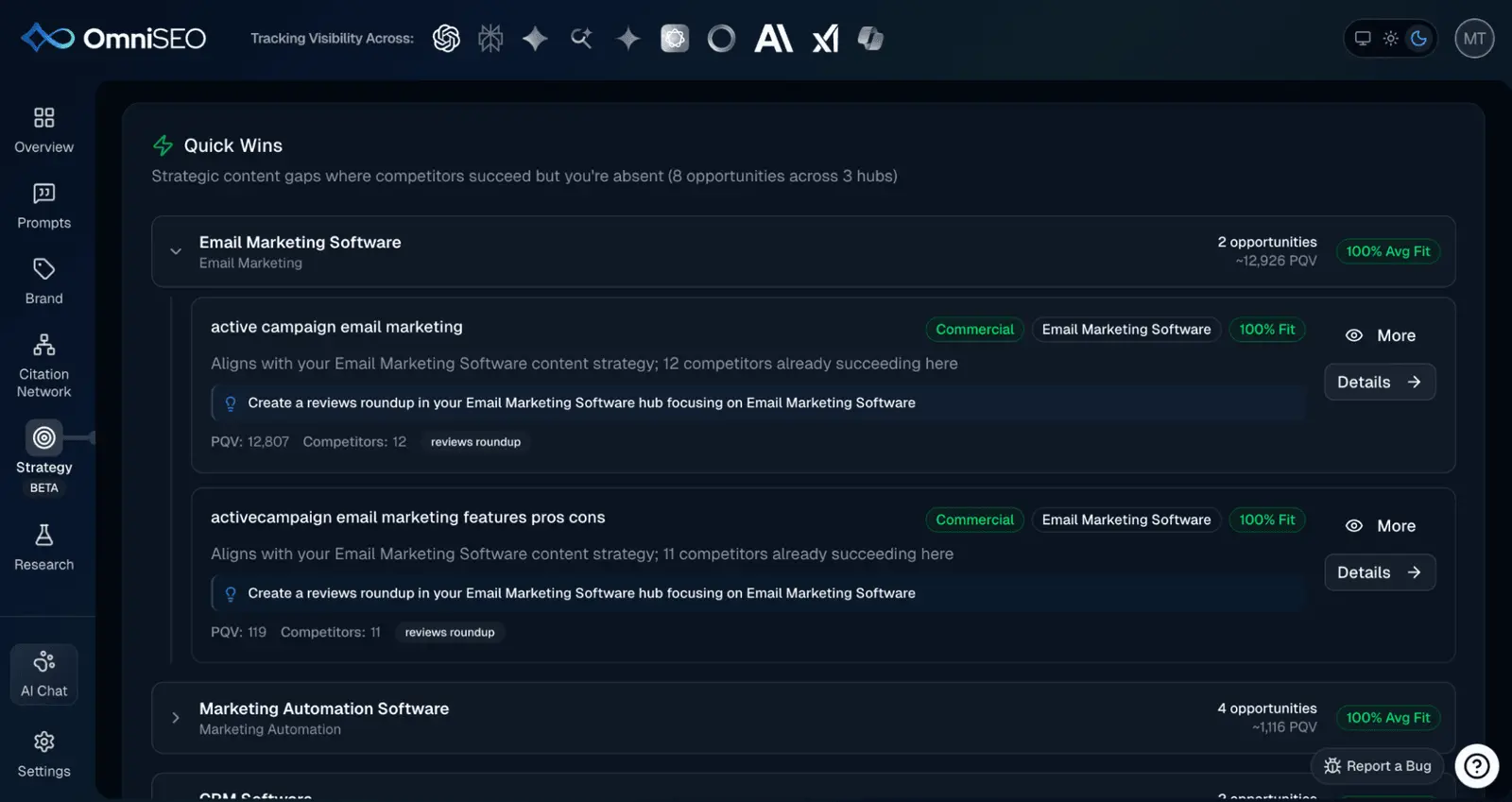 OmniSEO's quick wins, listing content gaps by hub with prompt query volume and how many competitors already rank.