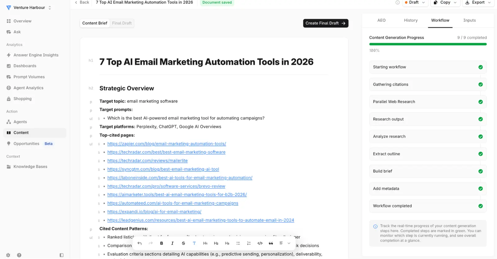 Profound generating a content brief, with its nine-step workflow completed down the right-hand side.