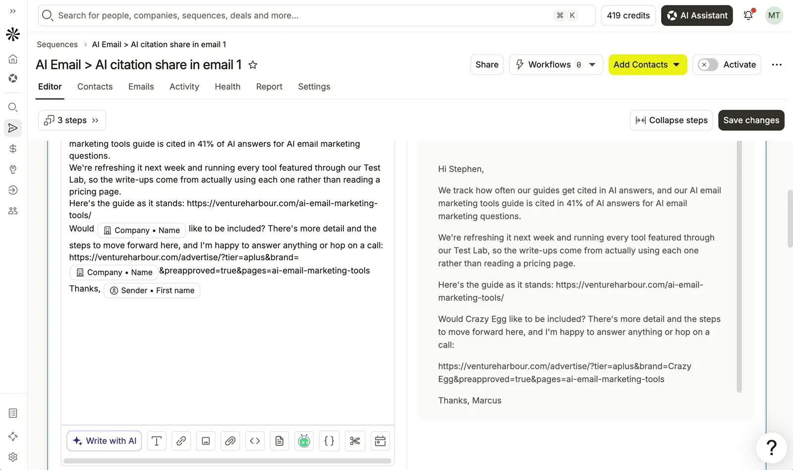 Apollo's sequence editor previewing a personalised outreach email with company and sender fields.