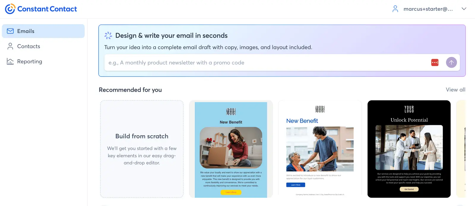 Constant Contact's AI email creator prompting for a campaign idea above a row of recommended email templates.