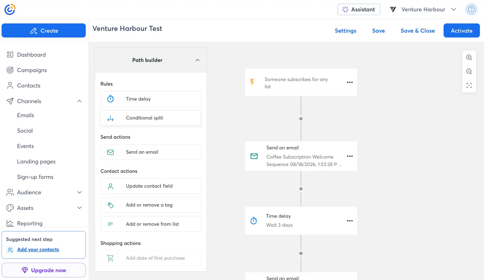 Constant Contact's automation path builder showing a subscription trigger, welcome email and three-day delay.
