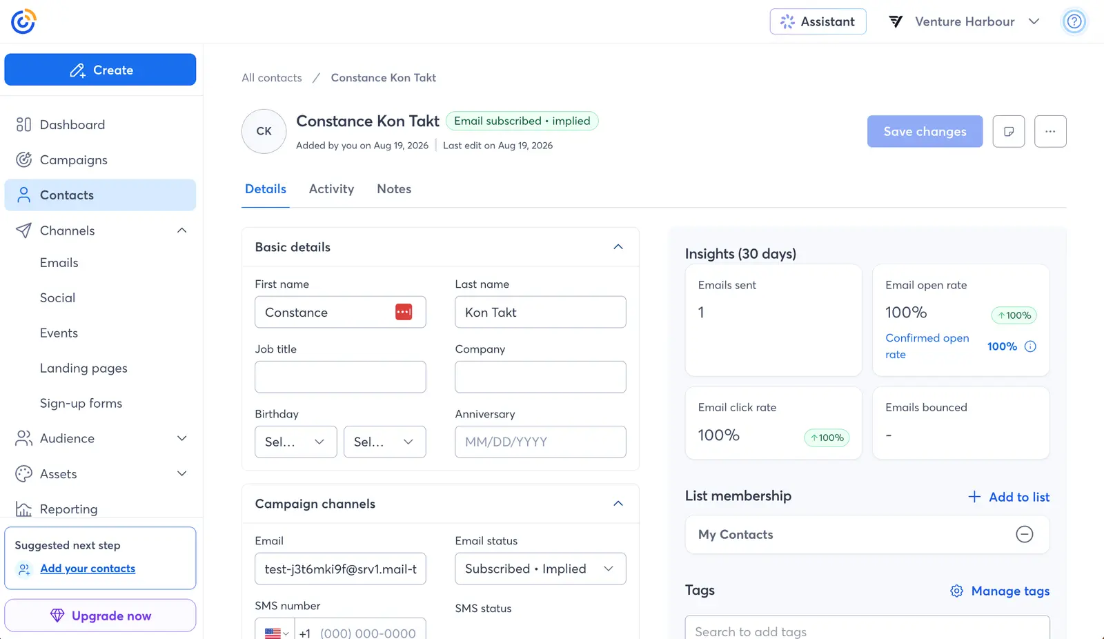 A Constant Contact contact record showing subscription status, campaign activity, list membership and editable contact fields.