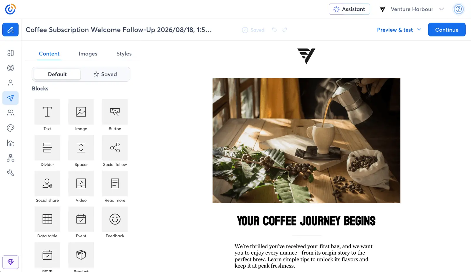 Constant Contact's drag-and-drop editor showing a coffee subscription welcome email beside its content blocks.