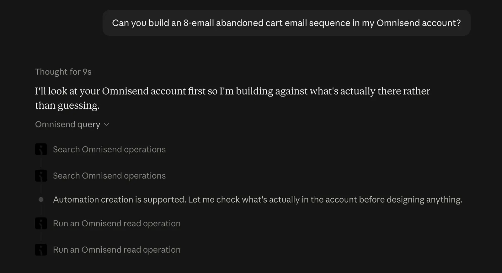 Claude checking an Omnisend account before building an eight-email abandoned cart sequence