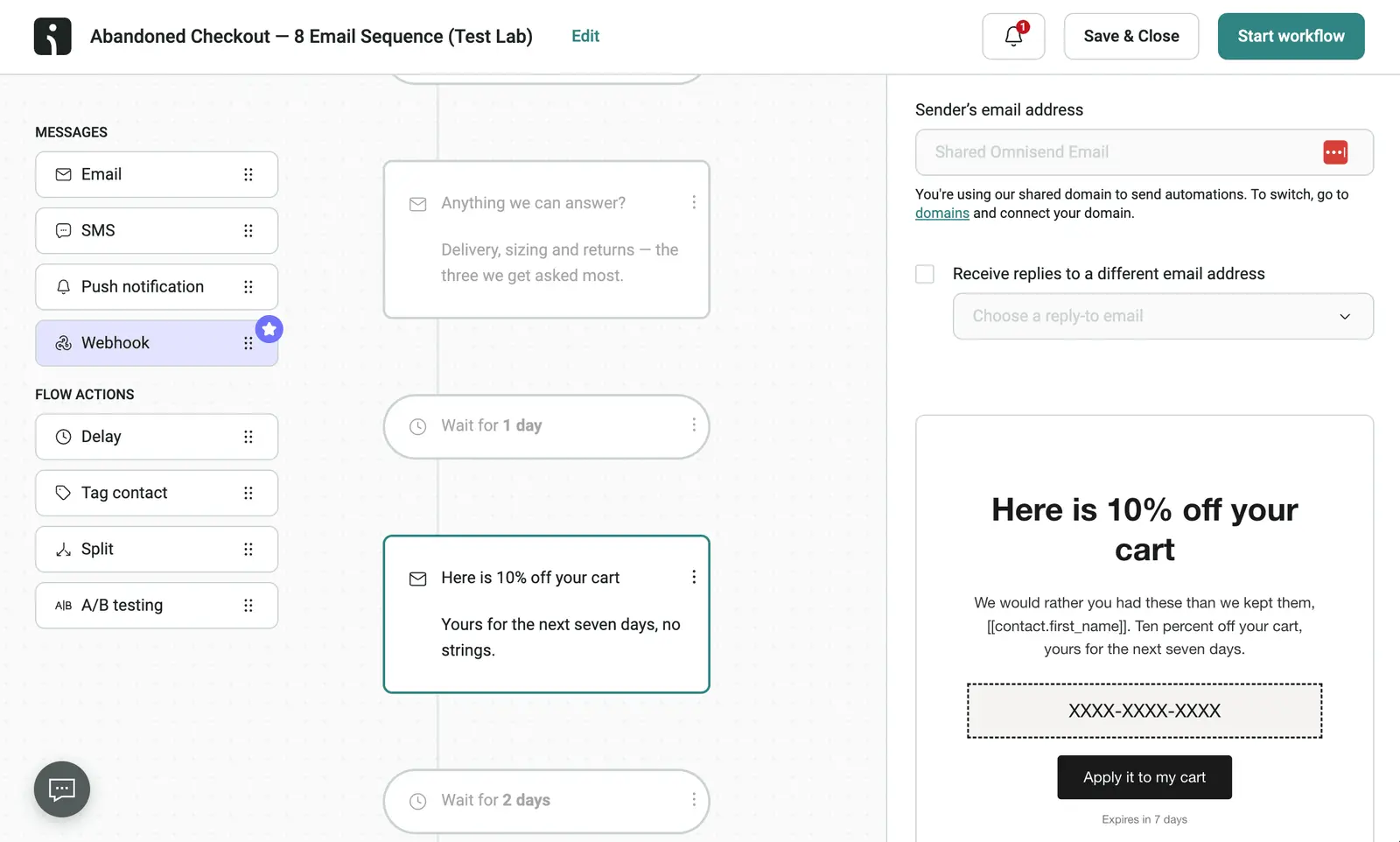 The Omnisend workflow editor showing the drafted abandoned cart sequence and its 10% discount email