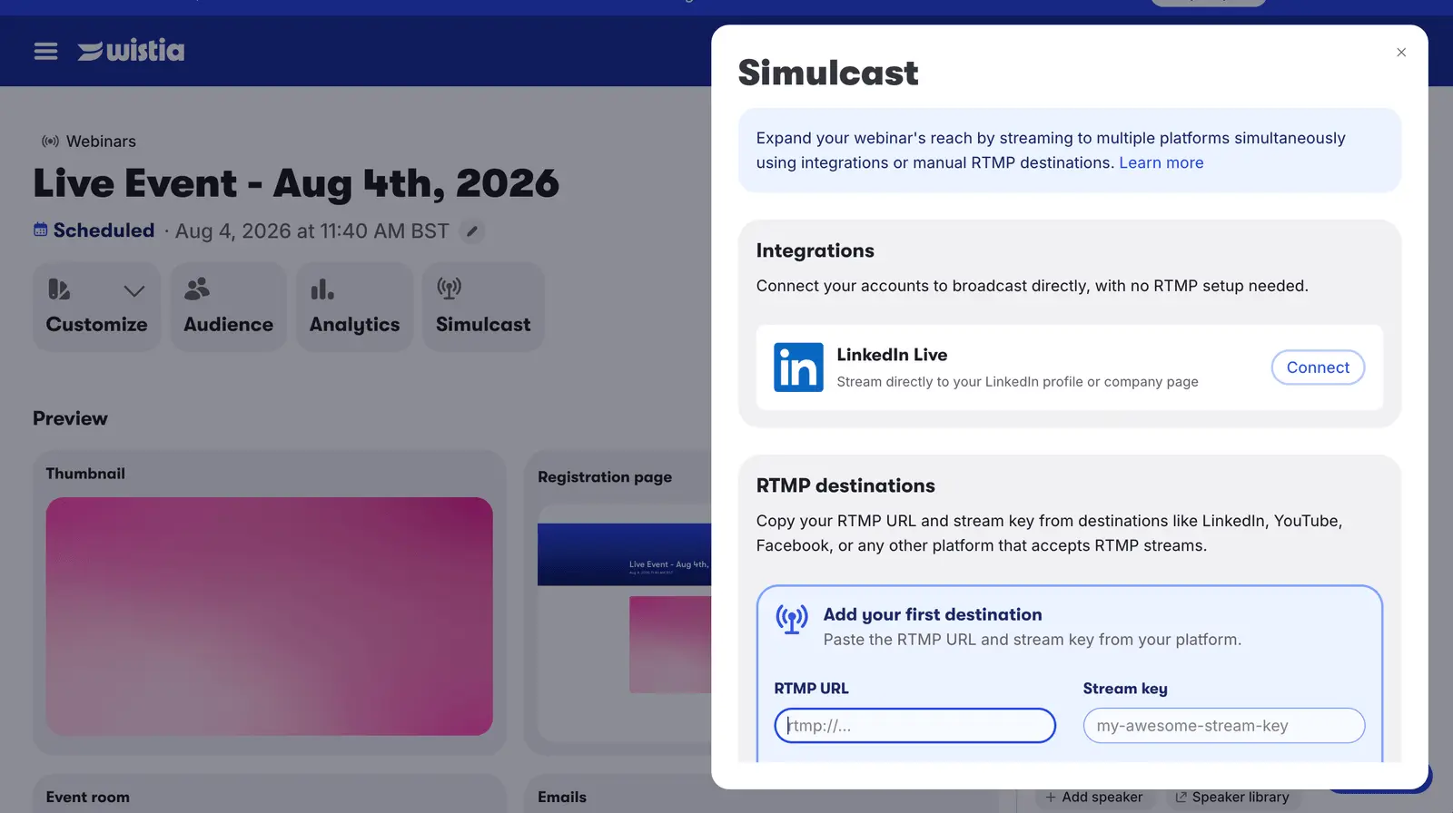 Wistia's Simulcast panel, offering a LinkedIn Live integration and manual RTMP destinations.