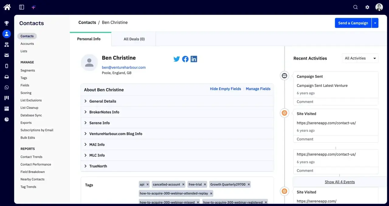 ActiveCampaign's contact record for Ben Christine, showing custom field groups, tags, a sent campaign and visits to Serene's website