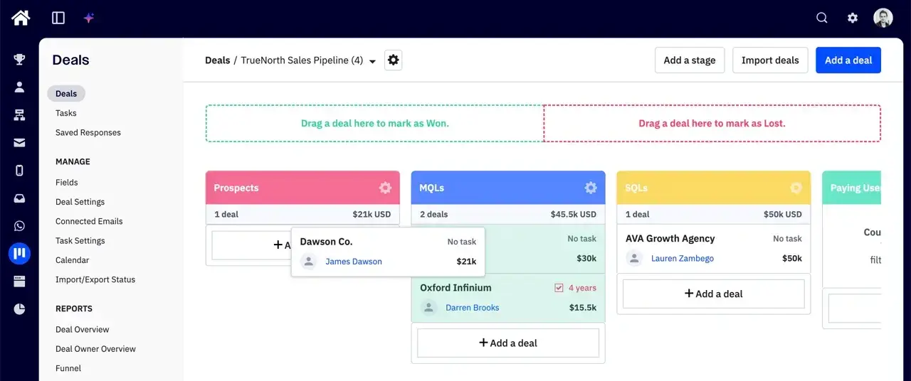 ActiveCampaign's TrueNorth sales pipeline, with deal cards showing owners and values across Prospects, MQLs and SQLs