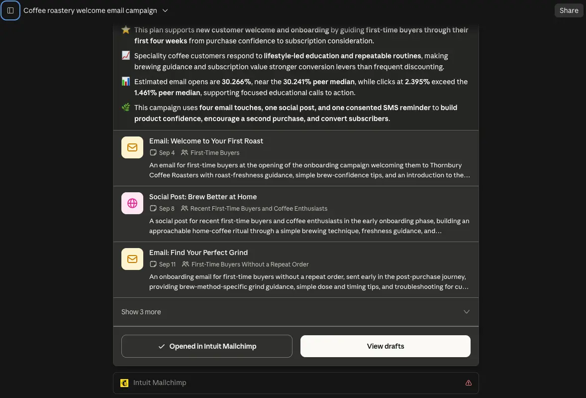 Mailchimp's Claude connector output showing a coffee roastery welcome campaign plan opened in Intuit Mailchimp.