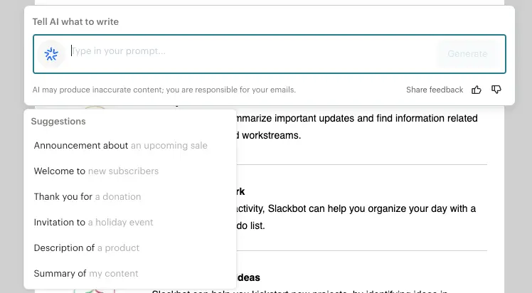 Mailchimp's Intuit Assist prompt box offering suggested email content prompts above a campaign preview.