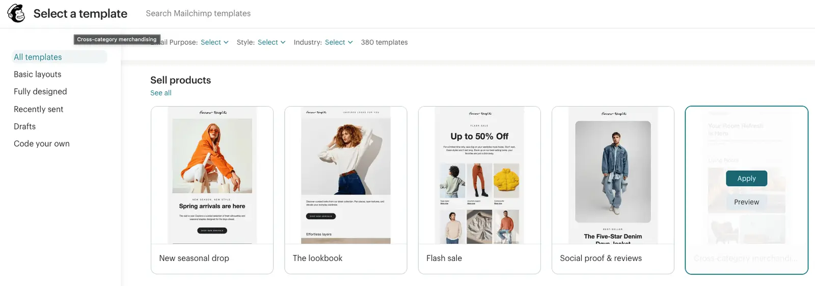 Mailchimp's template gallery showing designed email templates for product launches, lookbooks and sales campaigns.