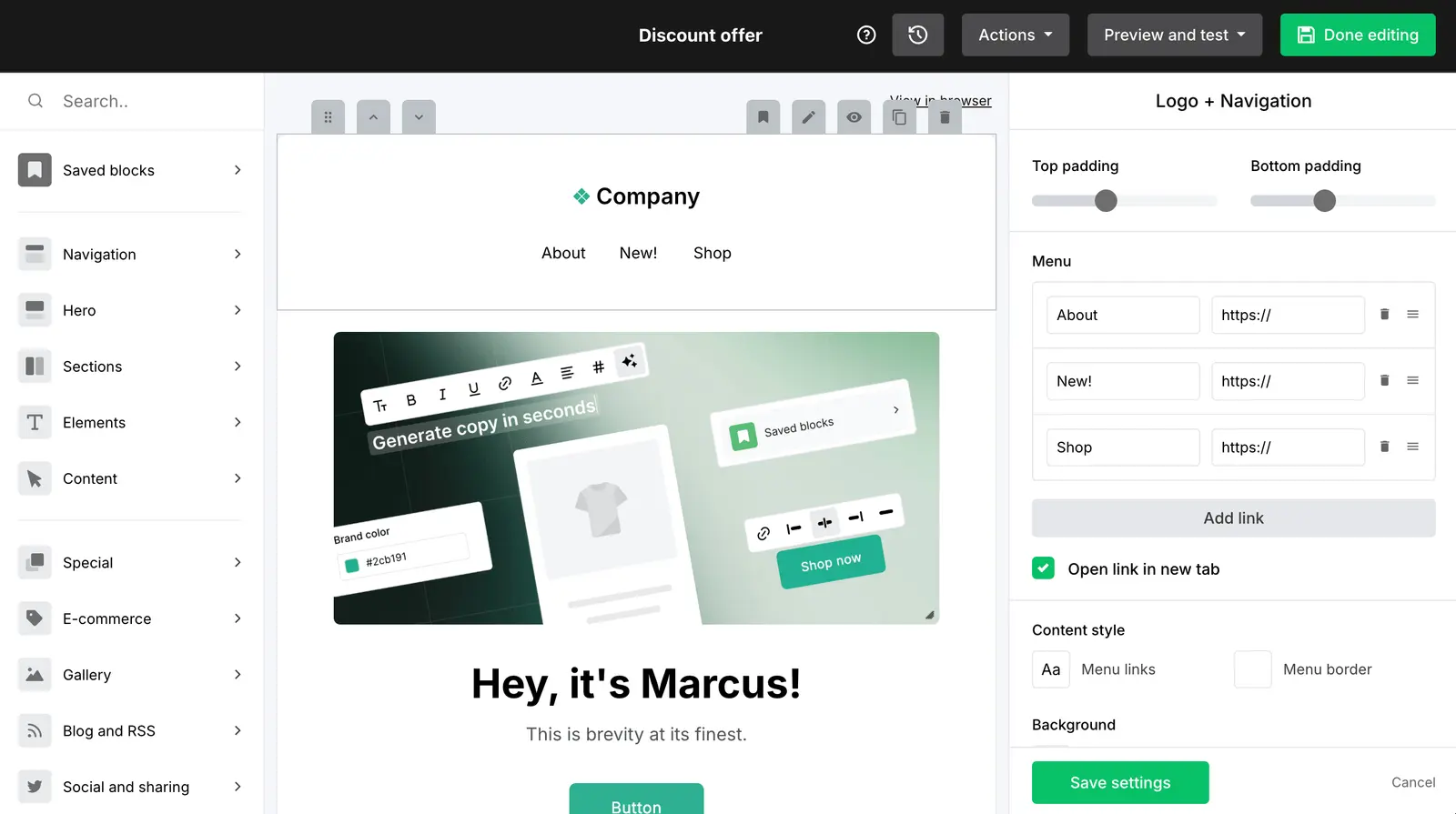 MailerLite's email designer with a draft addressed from Marcus and the logo and navigation settings open