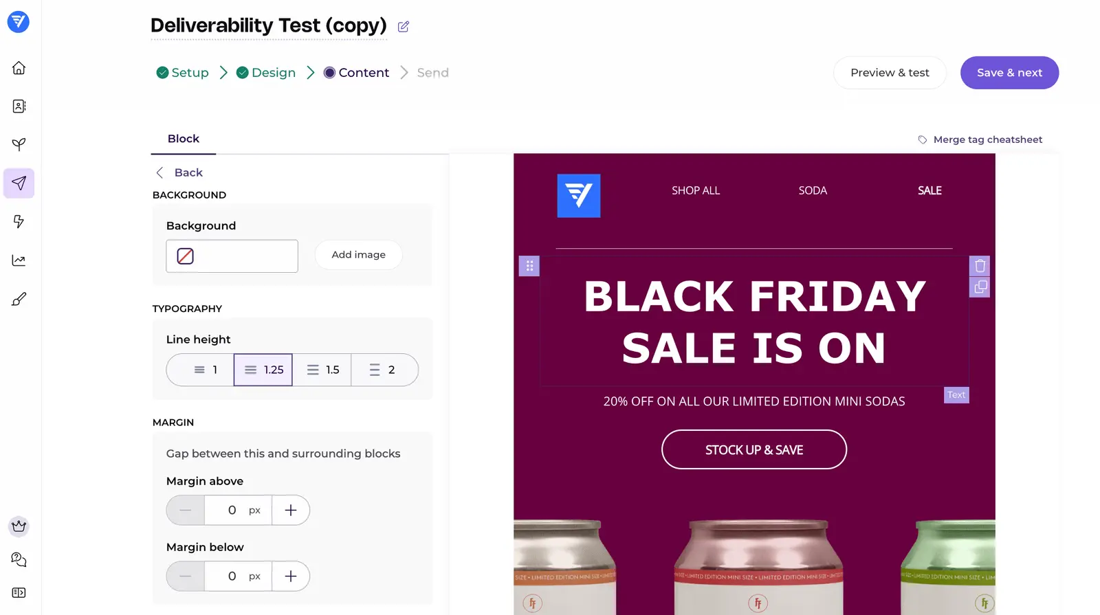 EmailOctopus's email editor showing our Black Friday campaign, with line-height and margin controls beside the selected text block