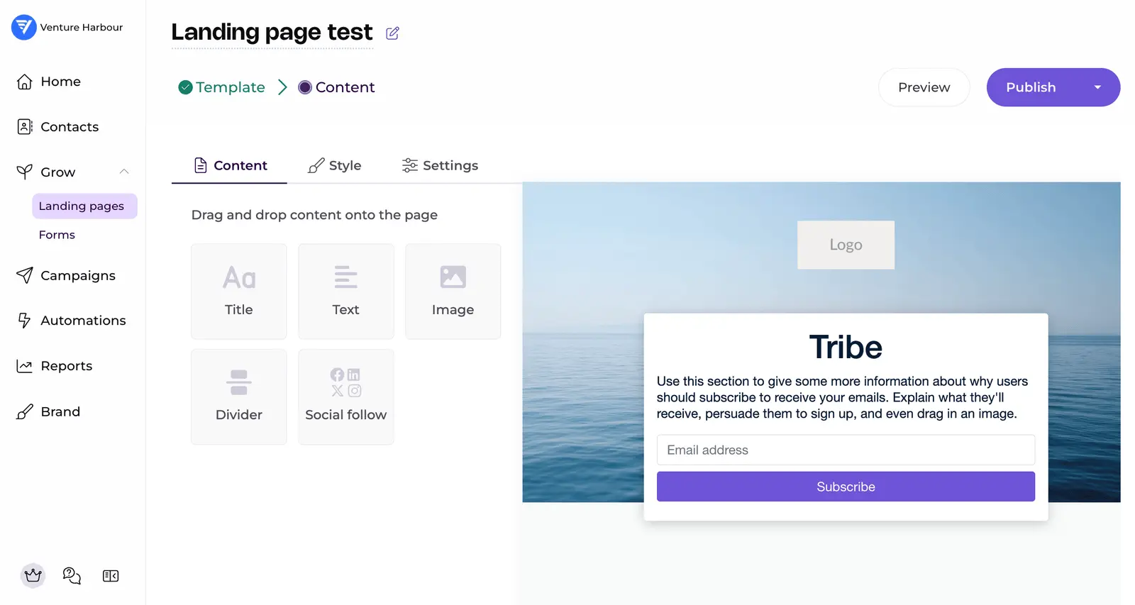 EmailOctopus's landing page editor showing the Tribe signup template alongside title, text, image, divider and social-follow blocks