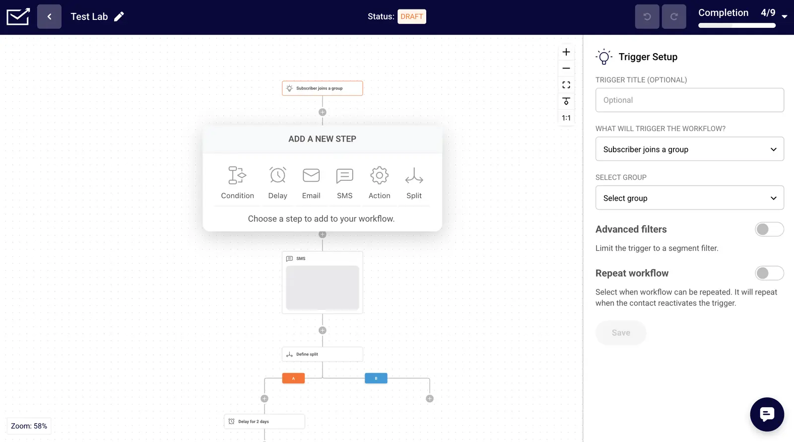 Sender's automation canvas with email, SMS, condition and split options beside the subscriber-group trigger settings