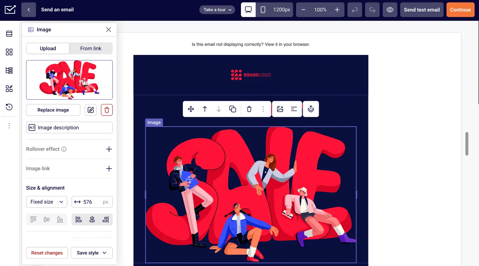 Sender's email editor with a sale image selected and controls for replacement, image description, size and alignment