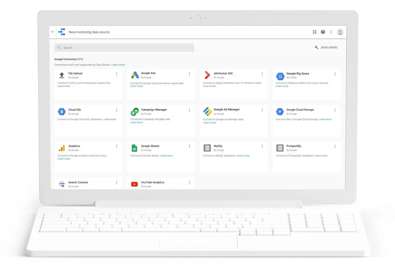 Google Data Studio showing various marketing data source integrations.