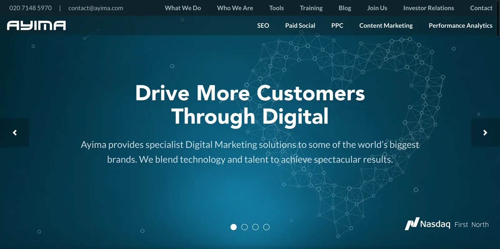 Ayima homepage showing digital marketing solutions and branding.