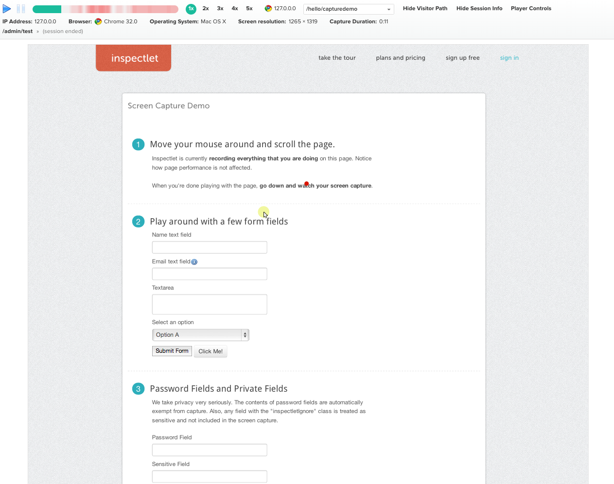 Inspectlet screen capture demo showing user interaction with form fields.