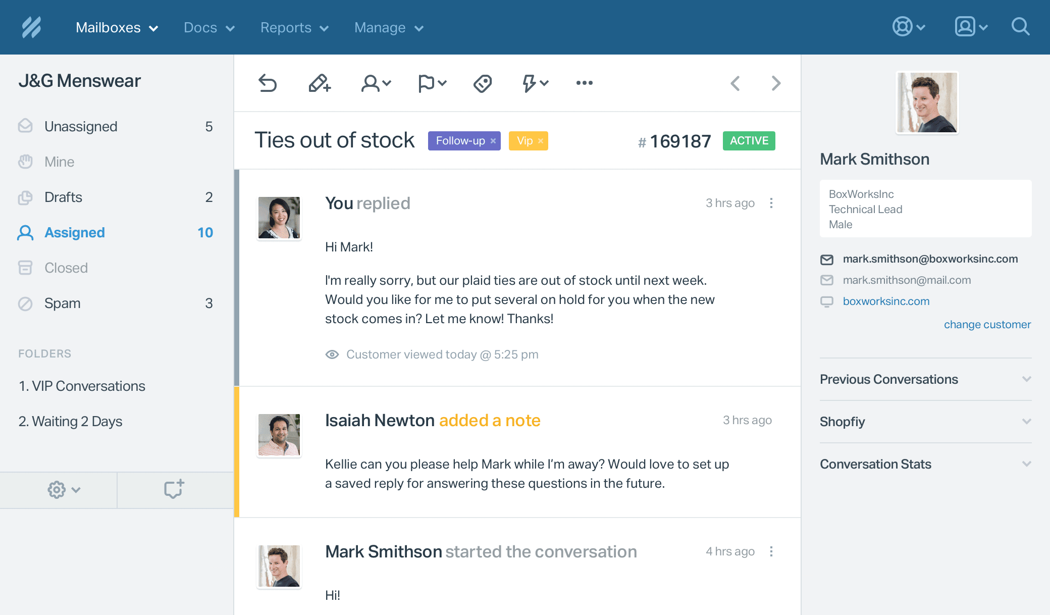 Helpscout conversation view showing customer support interactions.