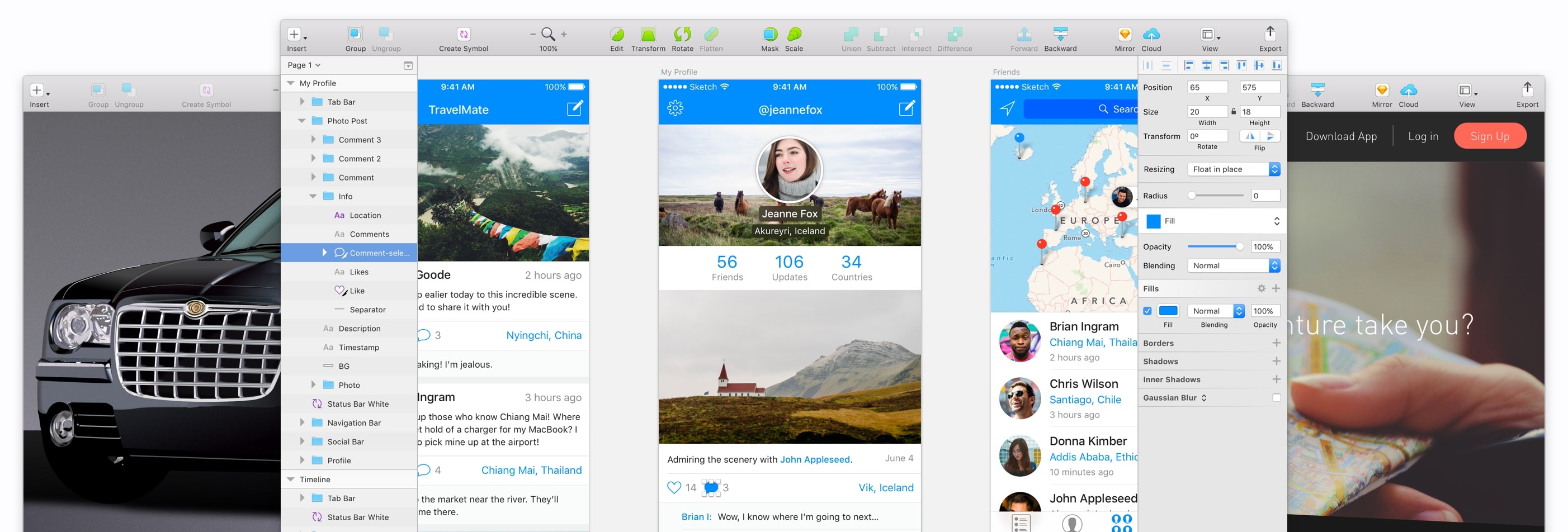 Sketch interface showcasing design elements and project layout.