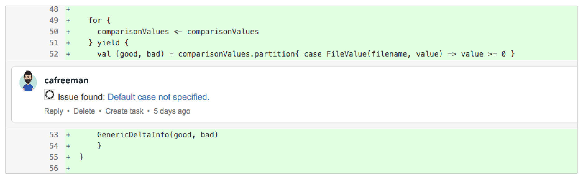 Codacy code review interface showing issue identification and task creation.