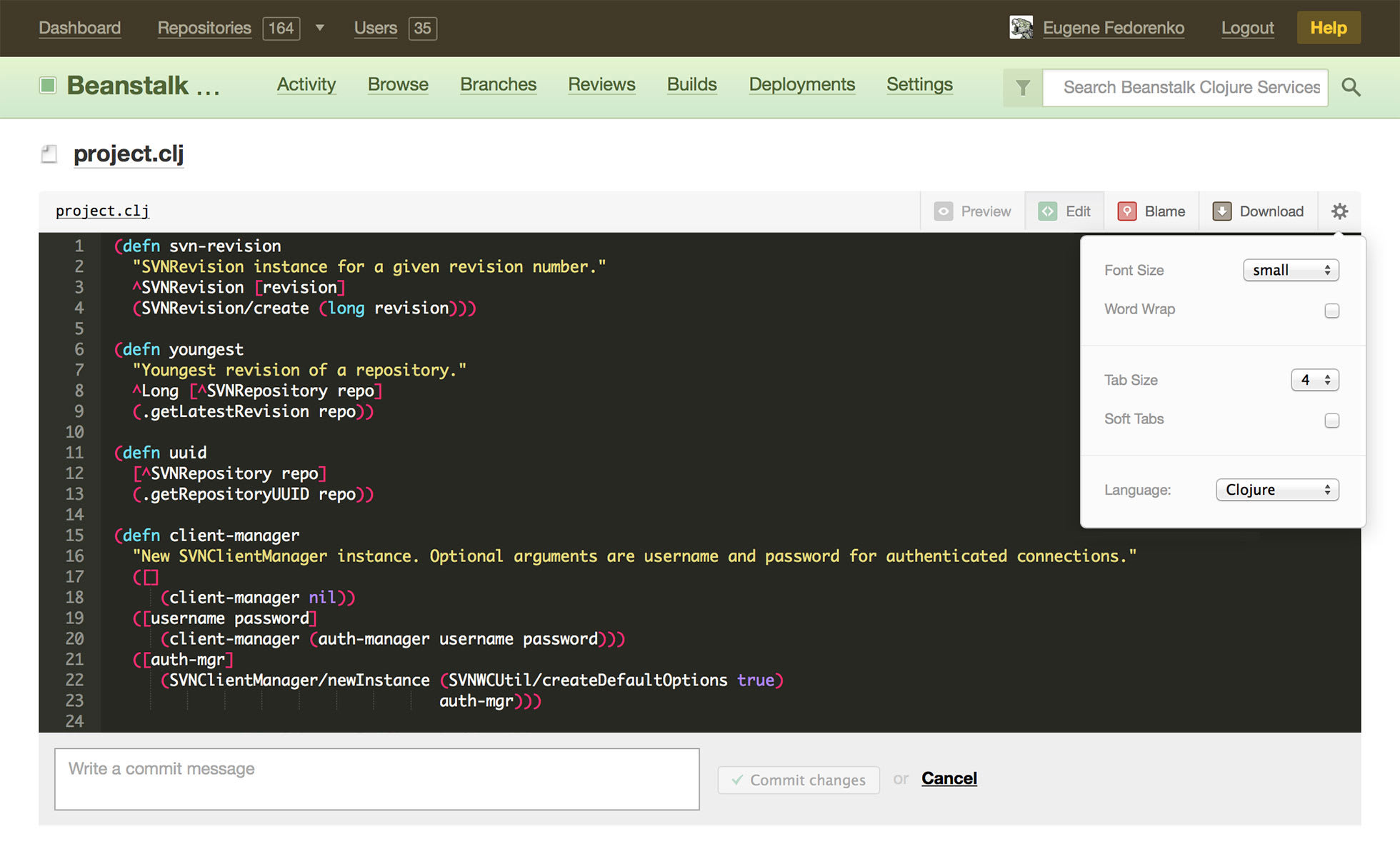Beanstalk code editor displaying project.clj file with Clojure code.