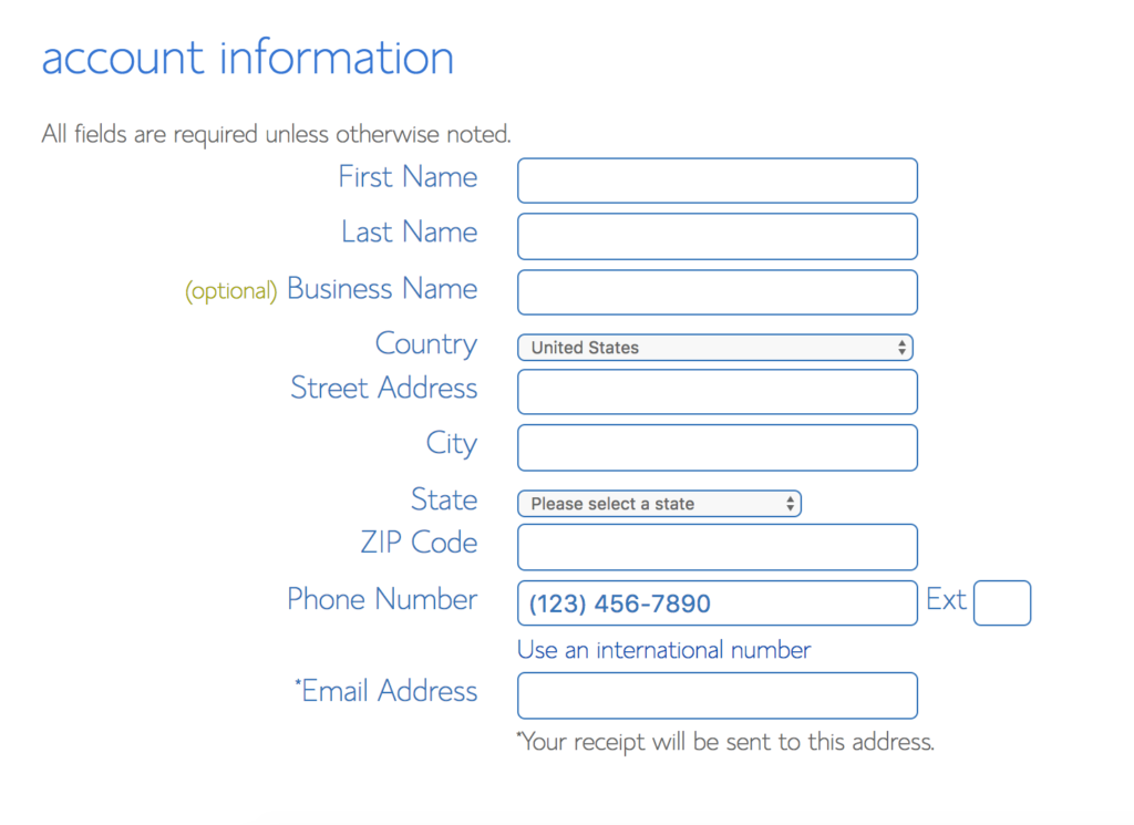 ActiveCampaign form showing account information fields.