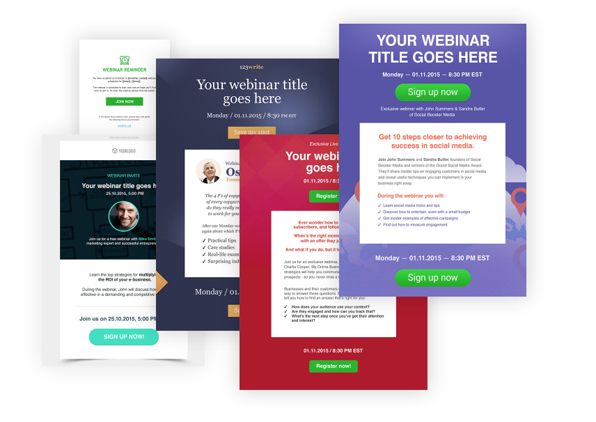 Webinar landing page examples showcasing different designs and calls to action.