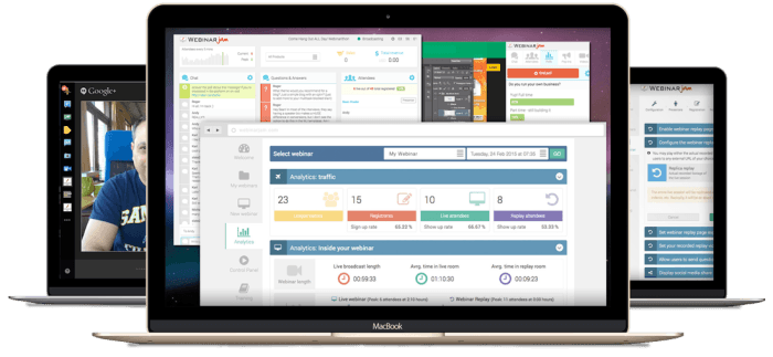 WebinarJam analytics dashboard showing webinar performance metrics.