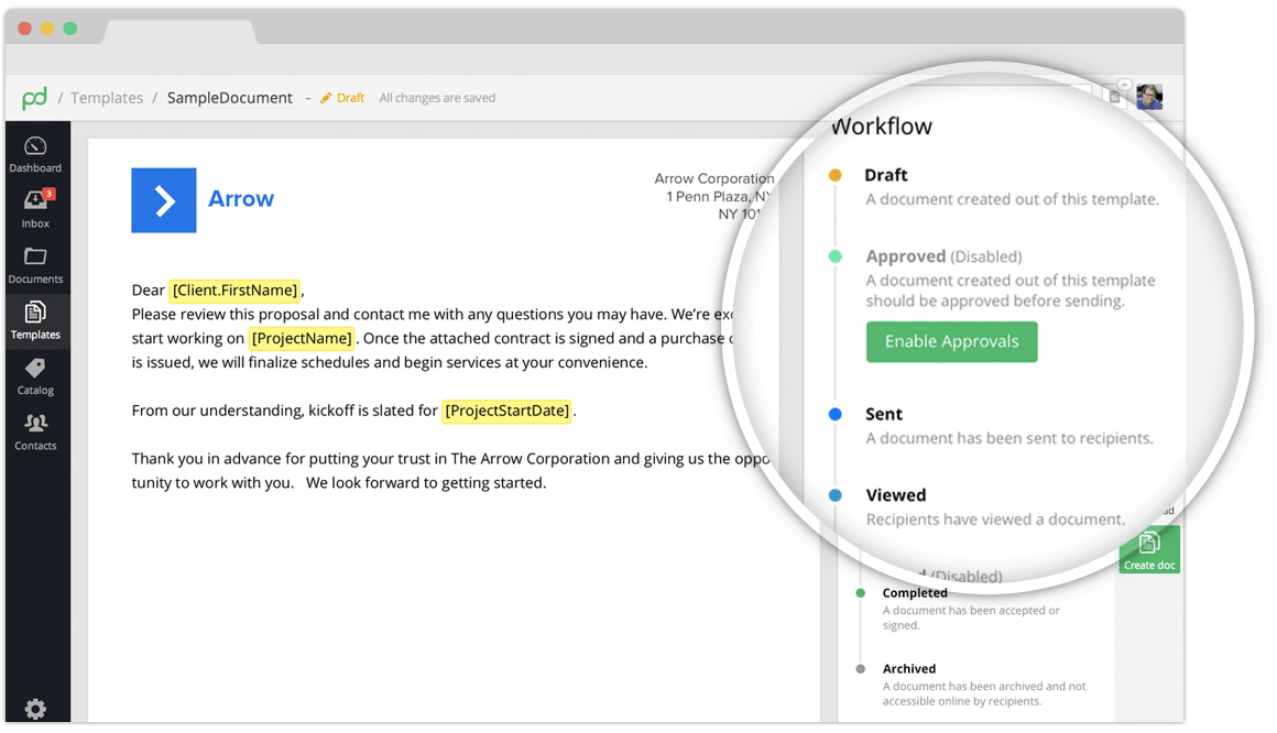 Bidsketch workflow showing document approval status and recipient details.
