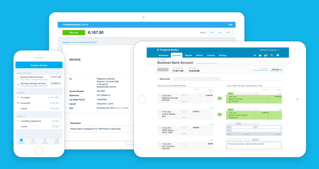 Xero dashboard displaying invoice details and bank account balances.