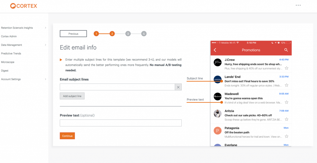 Cortex interface showing email subject line editing and preview features.