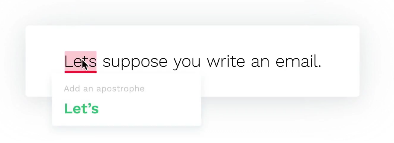 Grammarly demonstrating a grammar correction with an apostrophe suggestion.