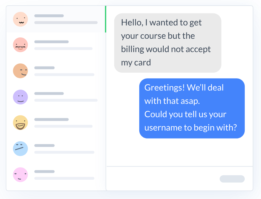 ManyChat chat interface showing user conversation about billing issues.