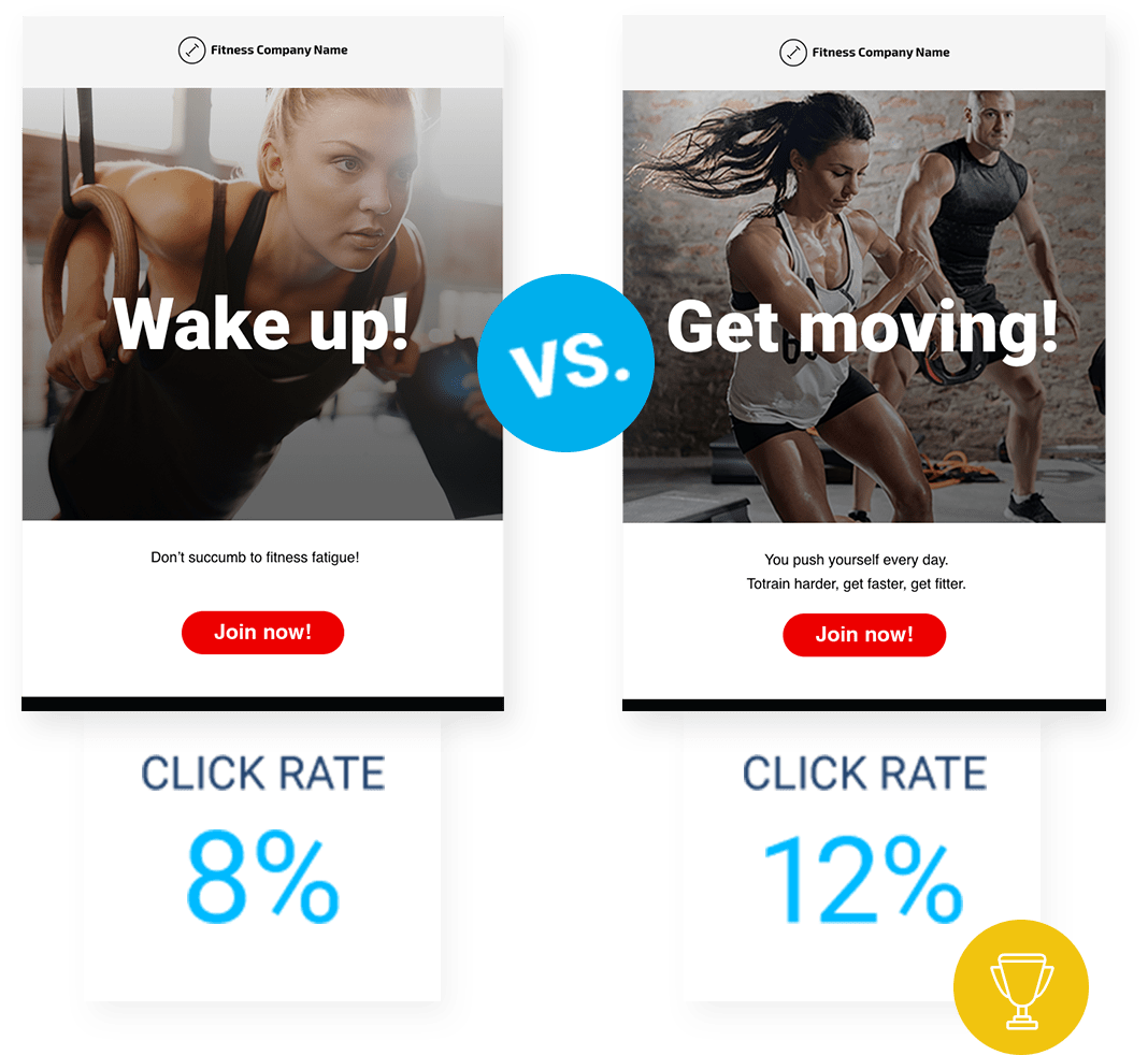 GetResponse campaign variations comparing click rates of two fitness messages.