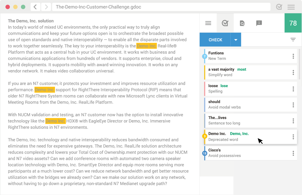 Acrolinx interface showing content creation and optimization tools.