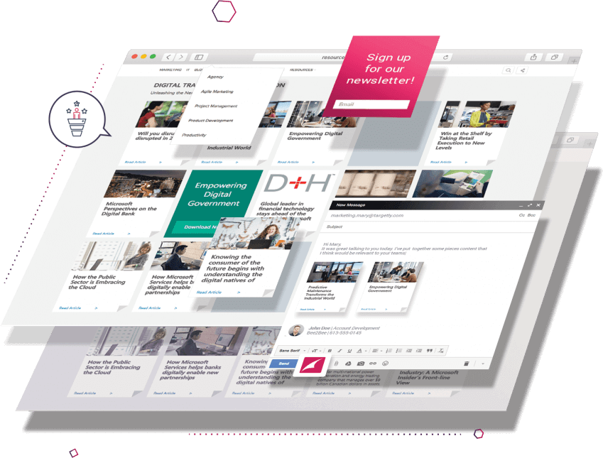 Uberflip content experience showcasing a user dashboard with articles and newsletter sign-up.
