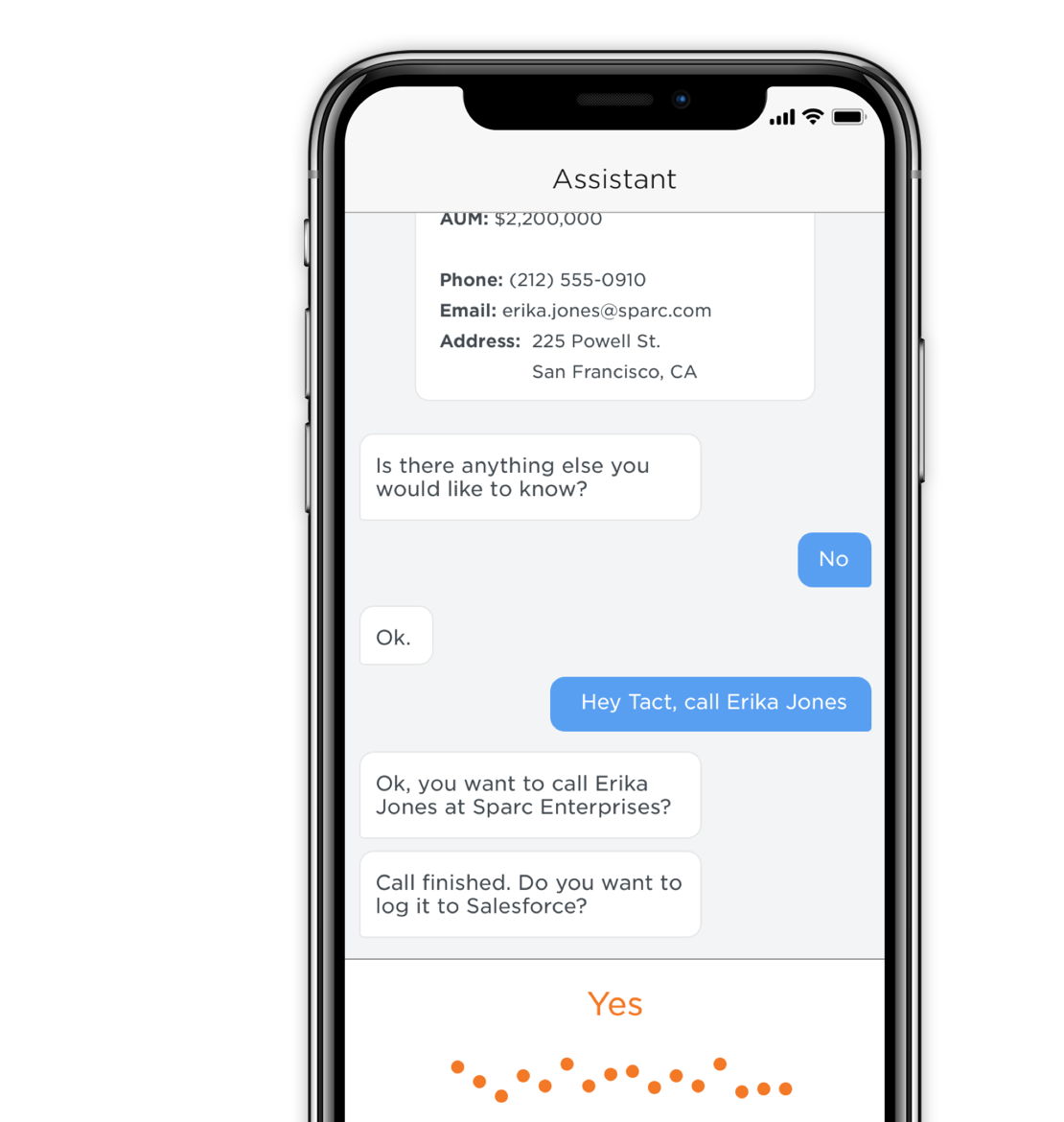 Tact.ai assistant showing a conversation with customer contact details.