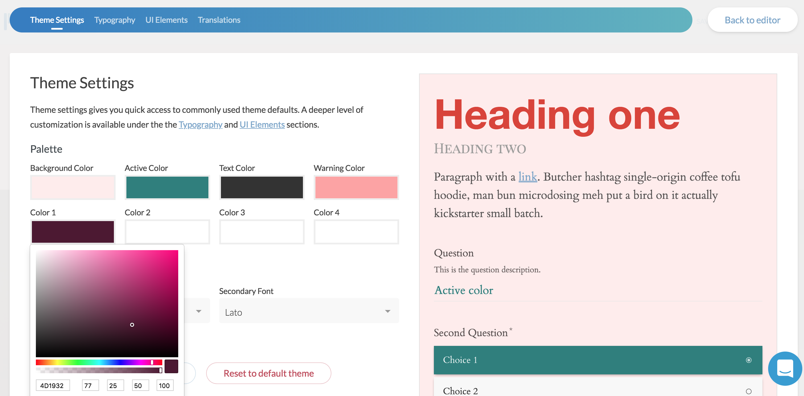 Paperform theme settings interface displaying color and typography customization options.