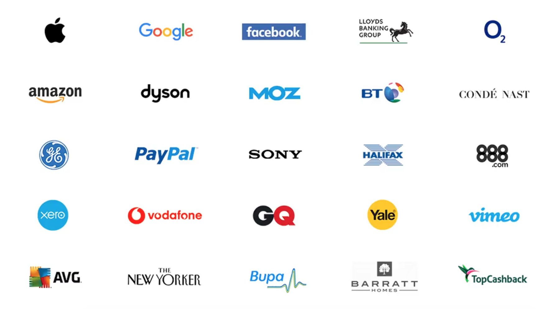 Google, Facebook, Lloyds Banking Group, Amazon, Dyson, Moz, BT, Conde Nast, PayPal, Sony, Halifax, Xero, Vodafone, GQ, Yale, Vimeo, AVG, The New Yorker, Bupa, Barratt, TopCashback