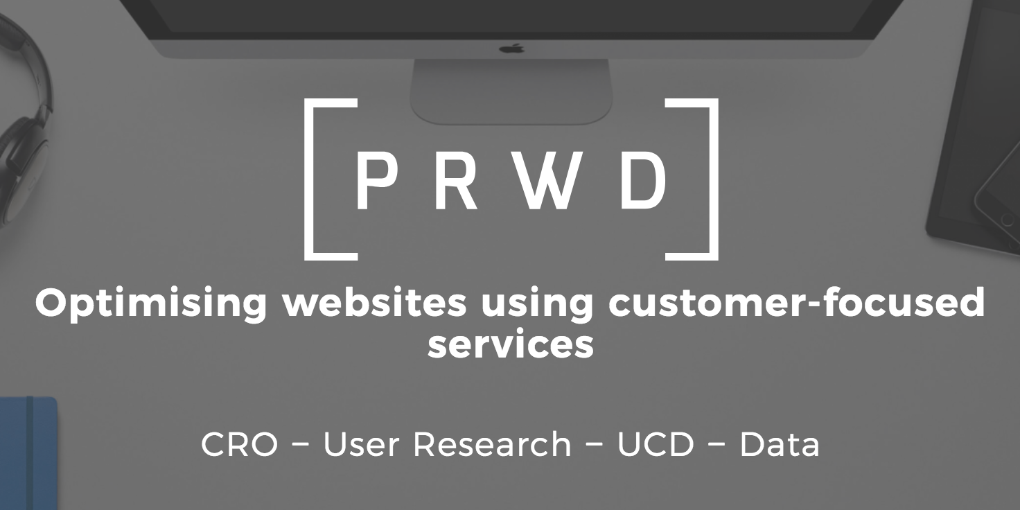 PRWD branding and services overview highlighting CRO, user research, UCD, and data.