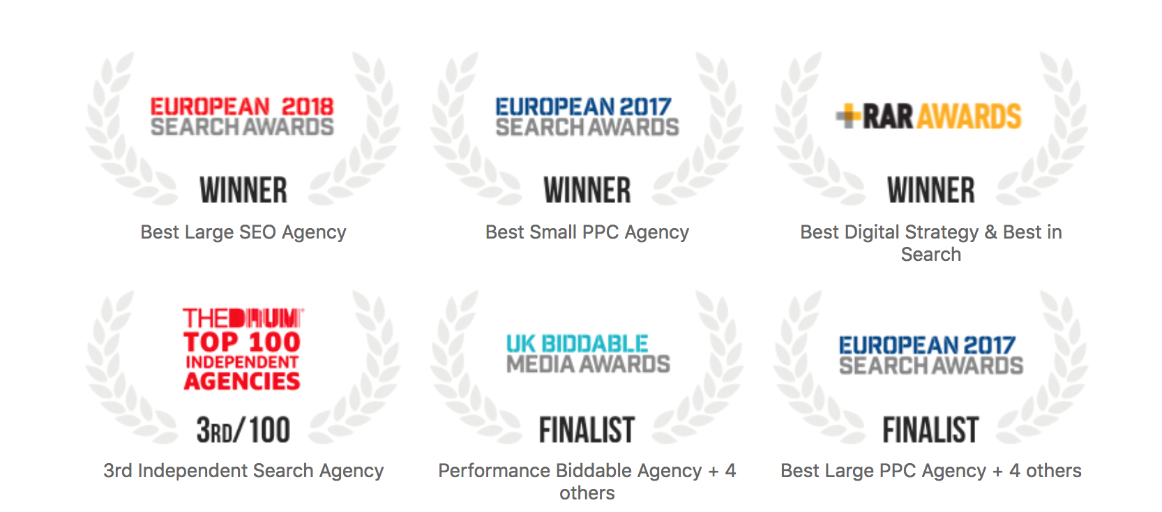 Awards and recognitions for Impression marketing agency, including best SEO and PPC agency accolades.