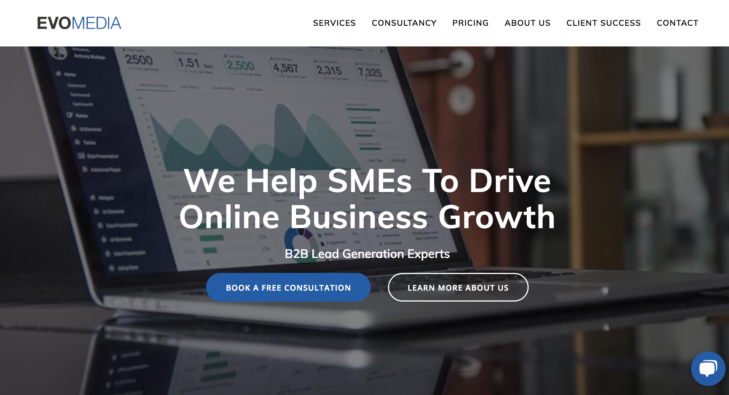 Evo Media marketing webpage showcasing business growth analytics.