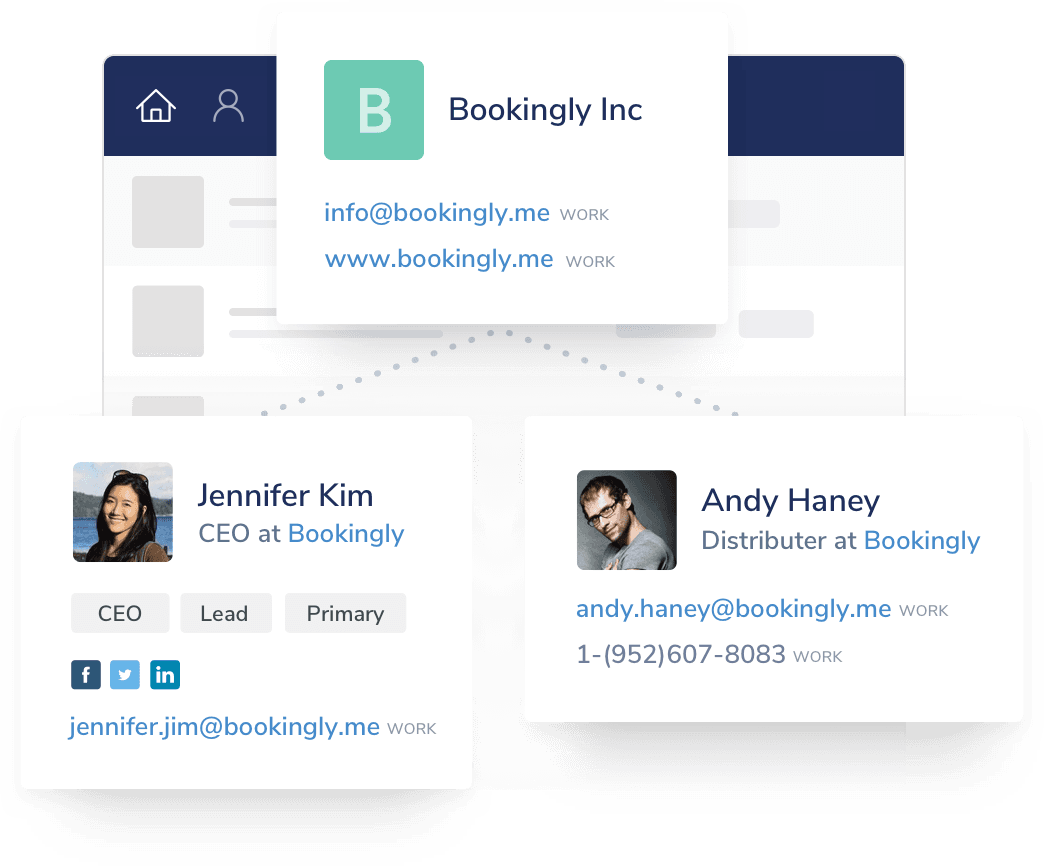 Bookingly contact management interface displaying team member profiles and contact information.